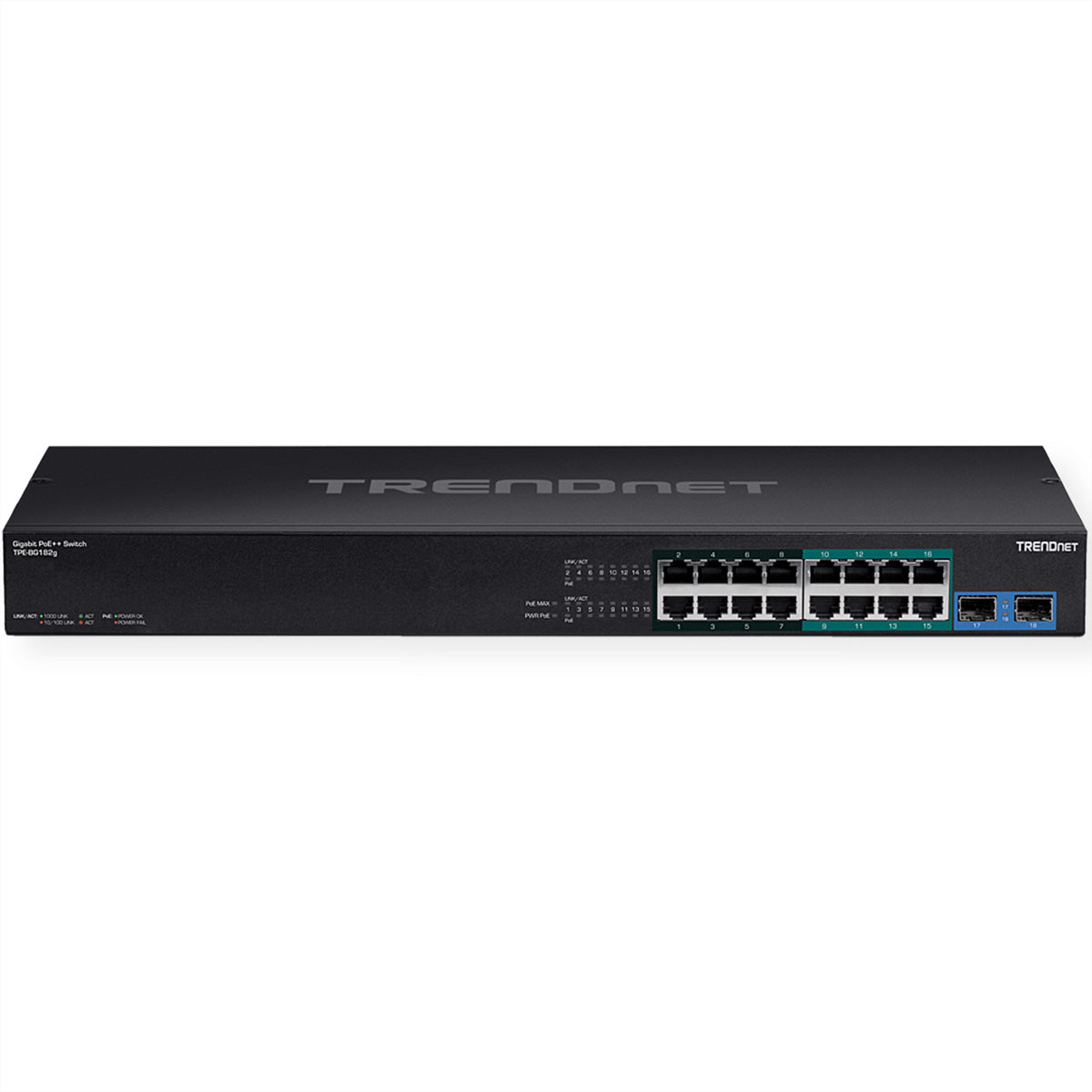 Trendnet TPE-BG182G – Unmanaged Switch – 16× 1G, 2× SFP, PoE++/PoE+, PoE-Budget 470 W, 19", 1U