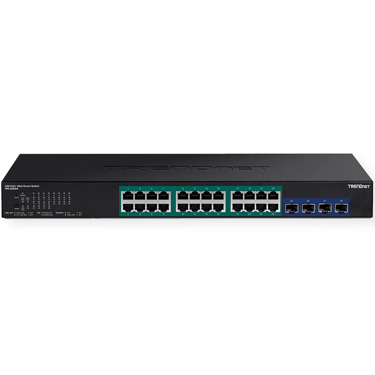 TRENDnet TPE-30284 – Managed Switch – 24×GbE, 4×SFP+, L2+/L3, PoE+ 370 W, 1U