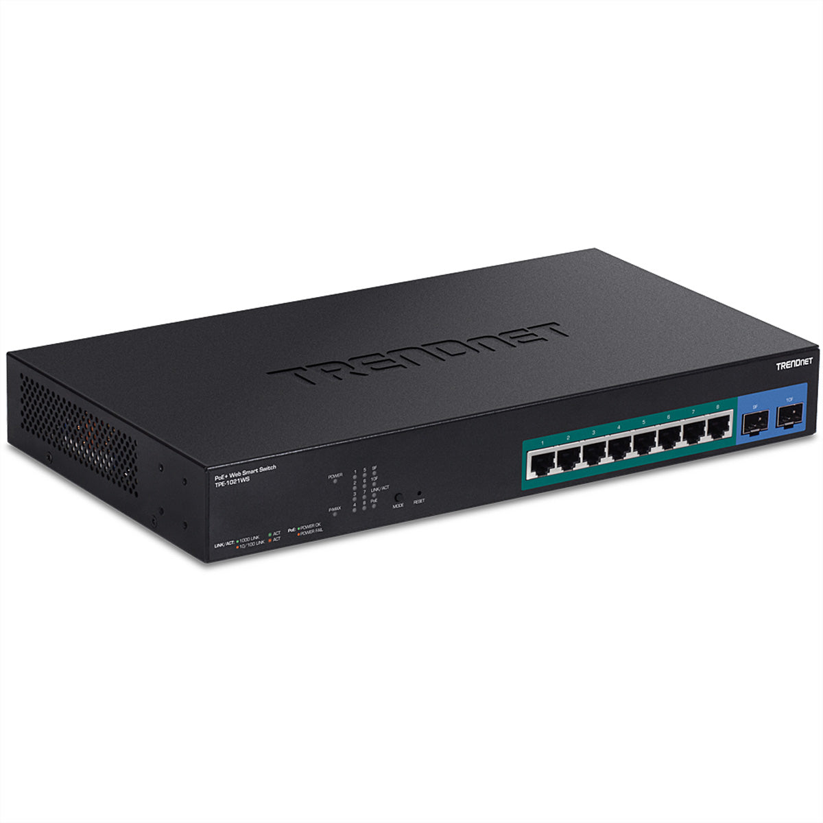 Trendnet TPE-1021WS – Verwalteter L2/L3/L4 Switch – 8× 1G, 2× SFP, PoE+, PoE-Budget 130 W, 19", 1U