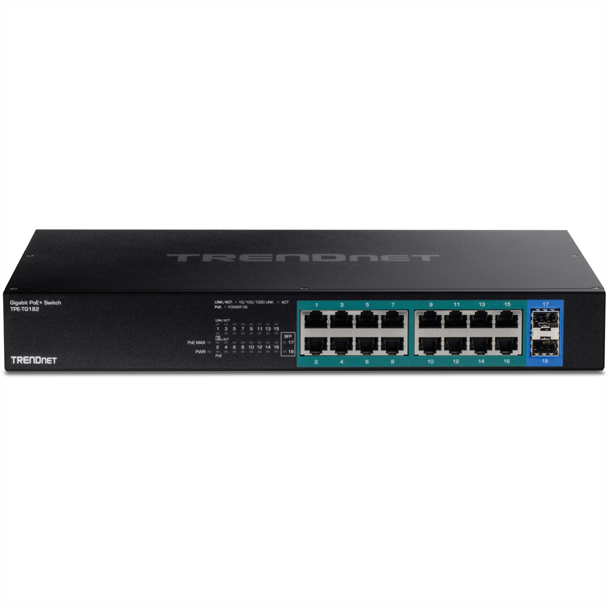 TRENDnet TPE-TG182 – Unmanaged PoE+ Switch – 18× 1G, 2× SFP, PoE-Budget 240 W, 19", 1U