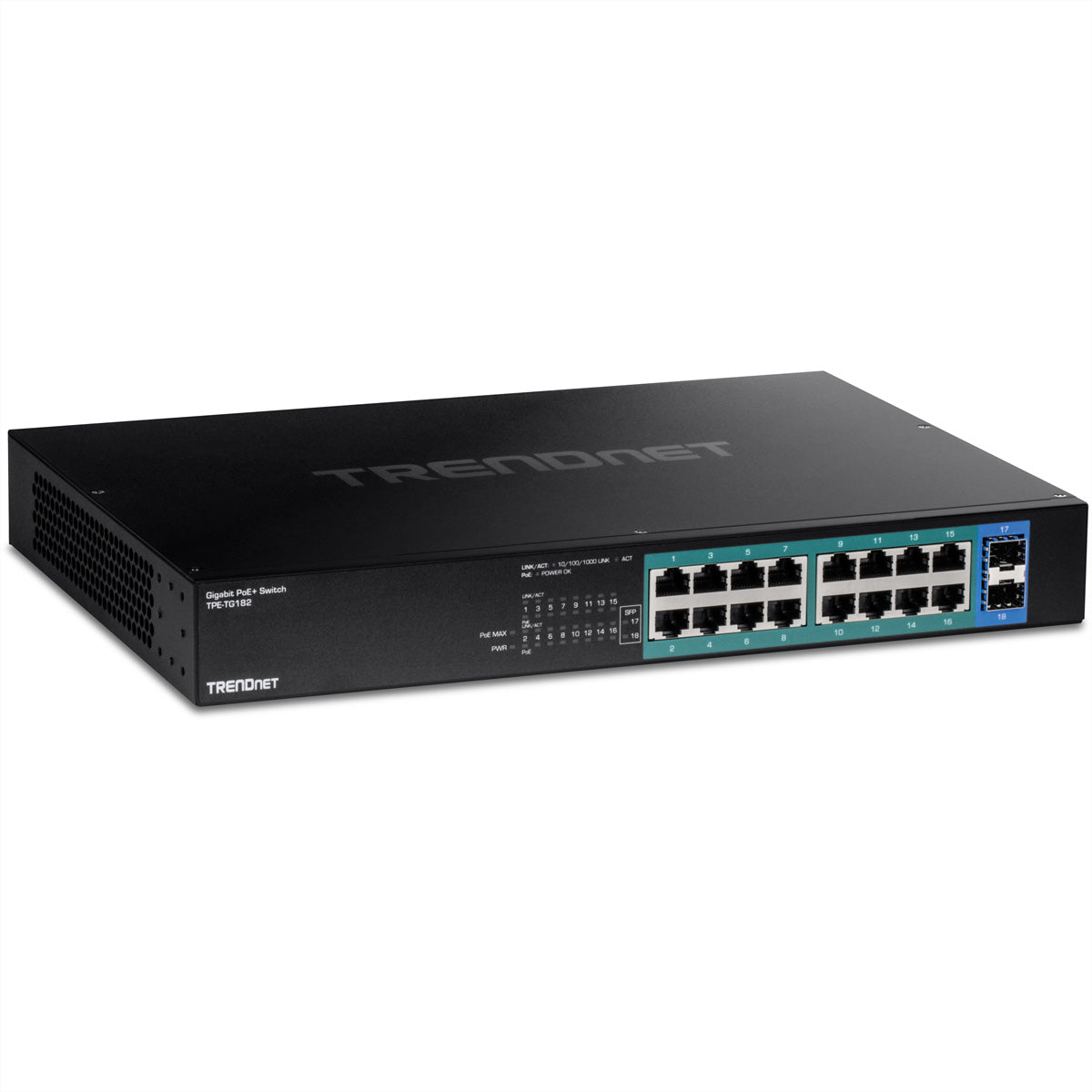 TRENDnet TPE-TG182 – Unmanaged PoE+ Switch – 18× 1G, 2× SFP, PoE-Budget 240 W, 19", 1U