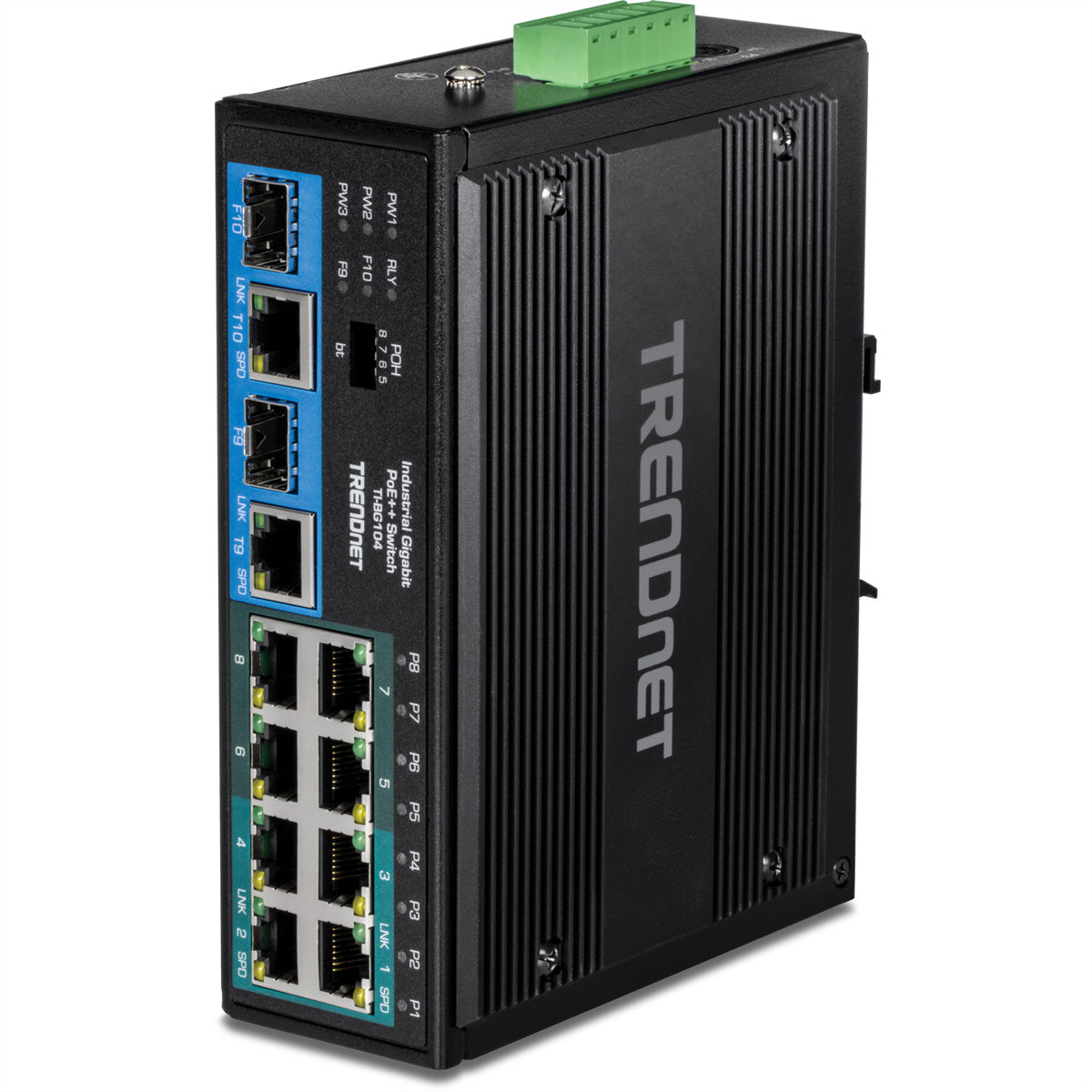 TRENDnet TI-BG104 – Unmanaged Switch – 8× 1G, 2× Combo (SFP/RJ-45), PoE++, PoE-Budget 360 W, DIN-Rail