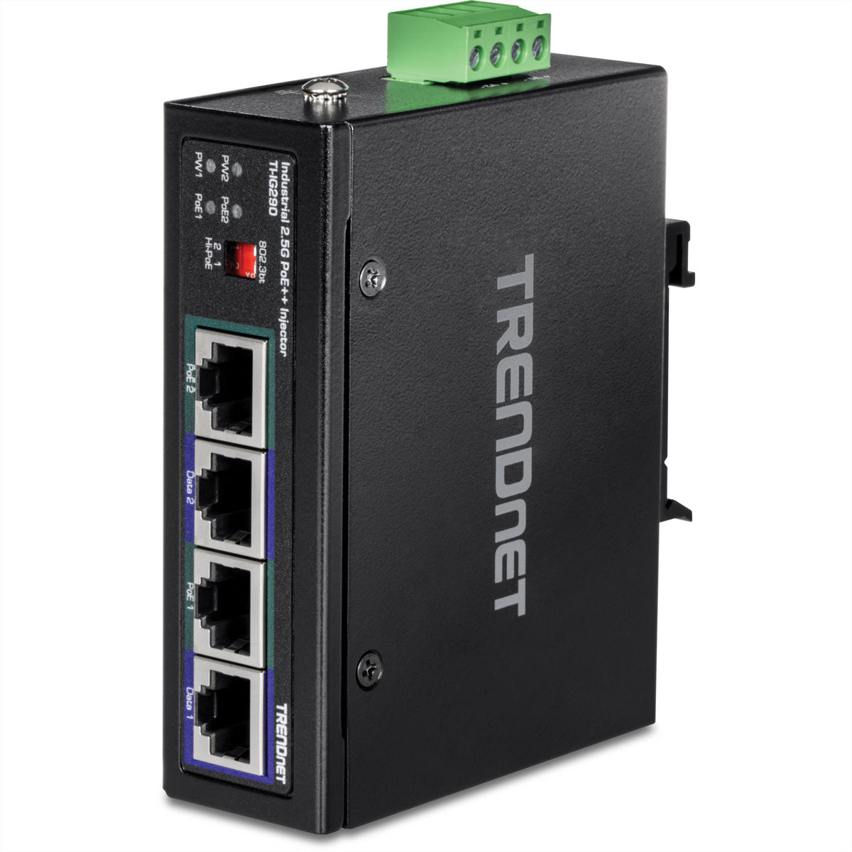 TRENDnet TI-IG290 – PoE-Injektor – 2×2.5G PoE++ (je 90 W), 180 W gesamt, Hutschiene, IP30, Schwarz