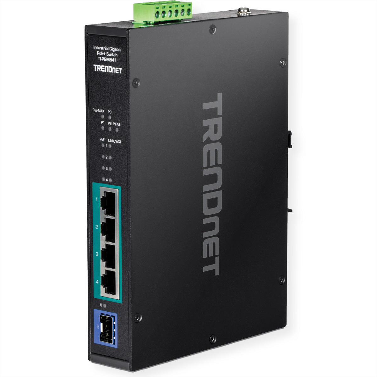 Trendnet TI-PGM541 – Switch – 4× 1G PoE+, 1× SFP, PoE-Budget 120 W, Hutschiene, IP30