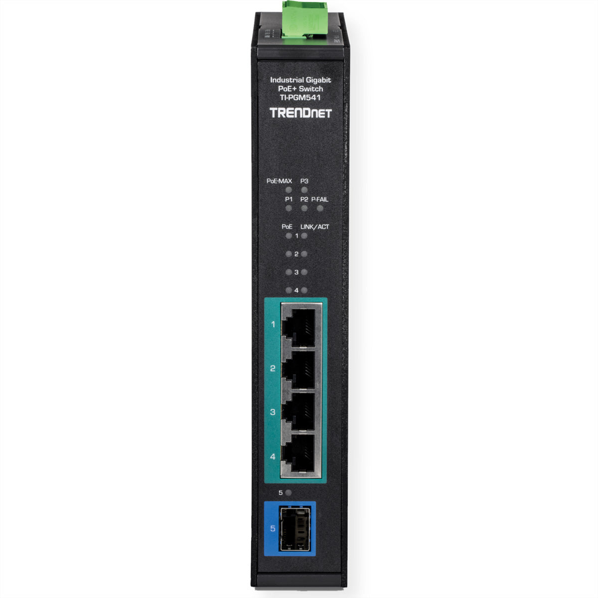 Trendnet TI-PGM541 – Switch – 4× 1G PoE+, 1× SFP, PoE-Budget 120 W, Hutschiene, IP30