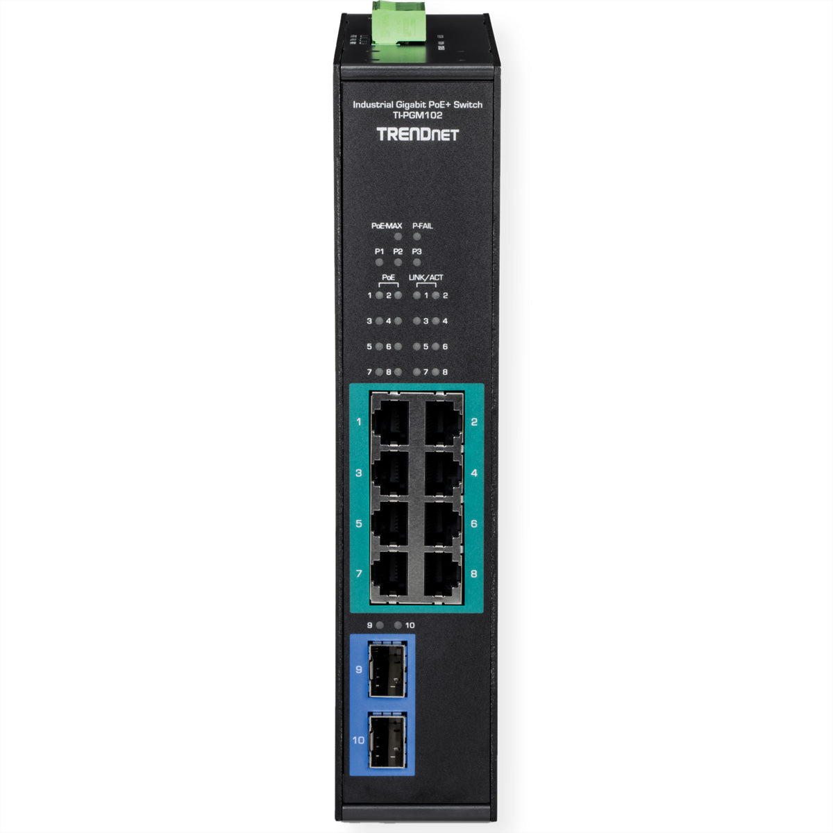 Trendnet TI-PGM102 – Industrieschalter – 8× 1G, 2× SFP, PoE+, PoE-Budget 240 W, Hutschiene