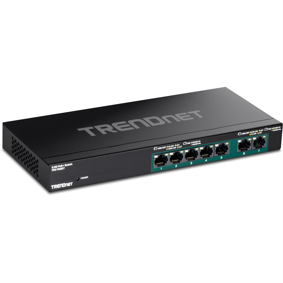 Trendnet TPE-TG327 – Unmanaged Switch – 5× 1G, 2× 2.5G, PoE+, PoE-Budget 70 W, Desktop