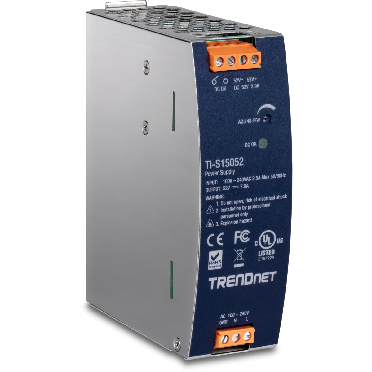 Trendnet TI-S15052 DIN-Schienen-Netzteil 150 W, 52 V DC – Aktive PFC, Überlast-/Kurzschlussschutz – Hutschiene
