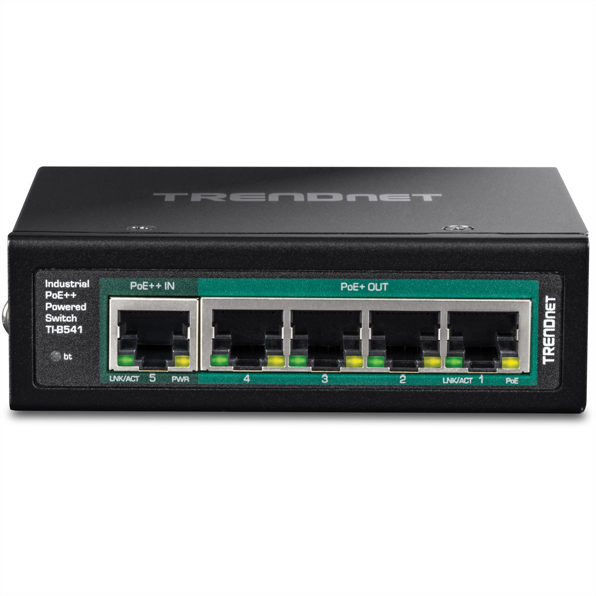 TRENDnet TI-B541 – Unmanaged Switch – 5× 1G, PoE++ (4× PoE+ Ausgänge), PoE-Budget 65 W, DIN-Rail, IP30