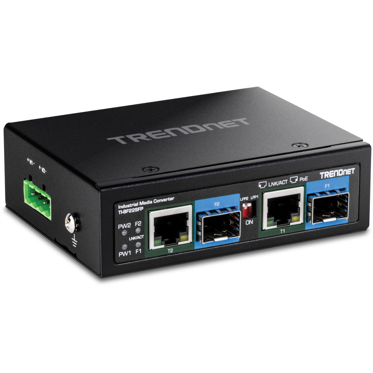 TRENDnet TI-BF22SFP – Medienkonverter – 2×SFP, 2×GbE PoE++ 90 W, IP30, DIN-Schiene