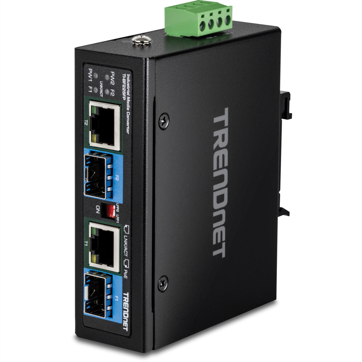 TRENDnet TI-BF22SFP – Medienkonverter – 2×SFP, 2×GbE PoE++ 90 W, IP30, DIN-Schiene