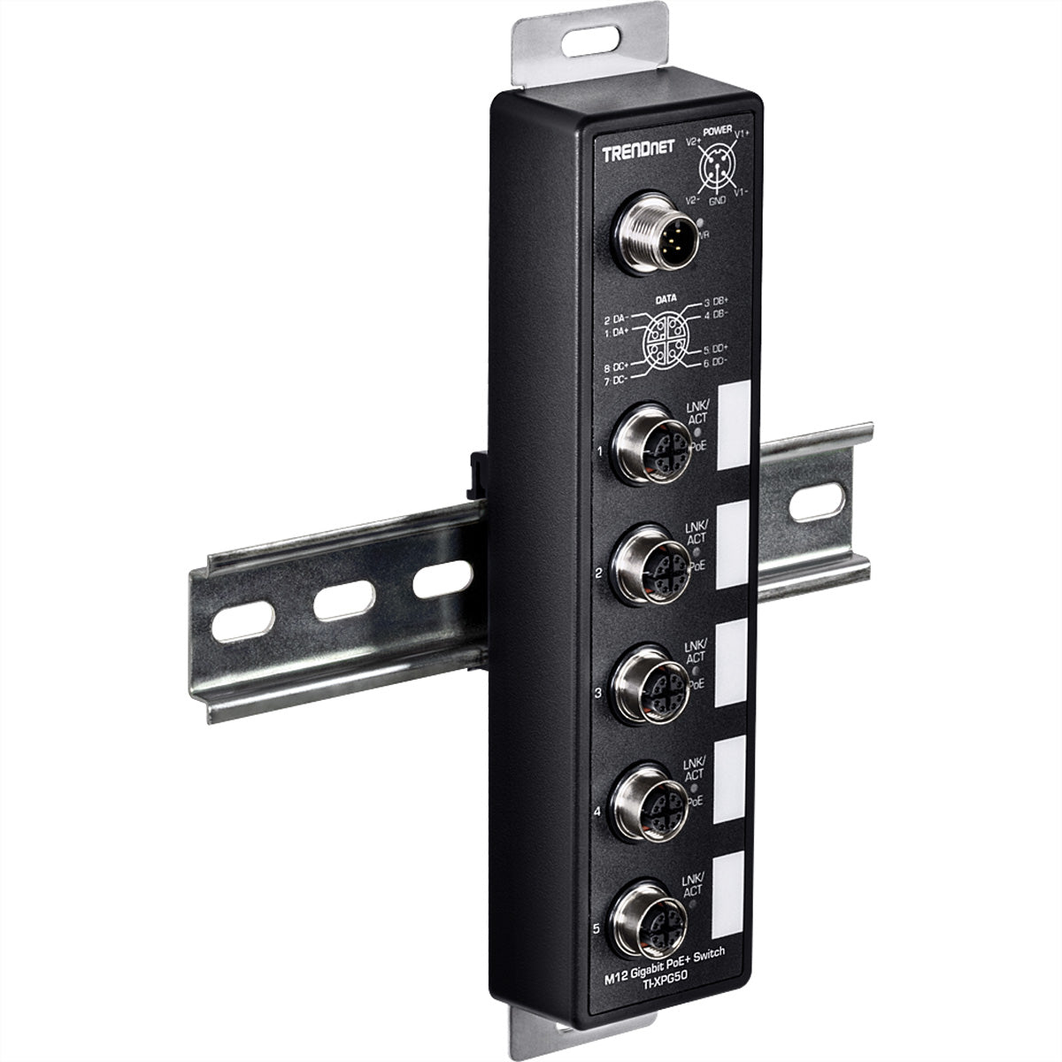 TRENDnet TI-XPG50 – Unmanaged EN50155 Switch – 4× M12 1G PoE+, 1× M12 1G, PoE-Budget 120 W, IP67