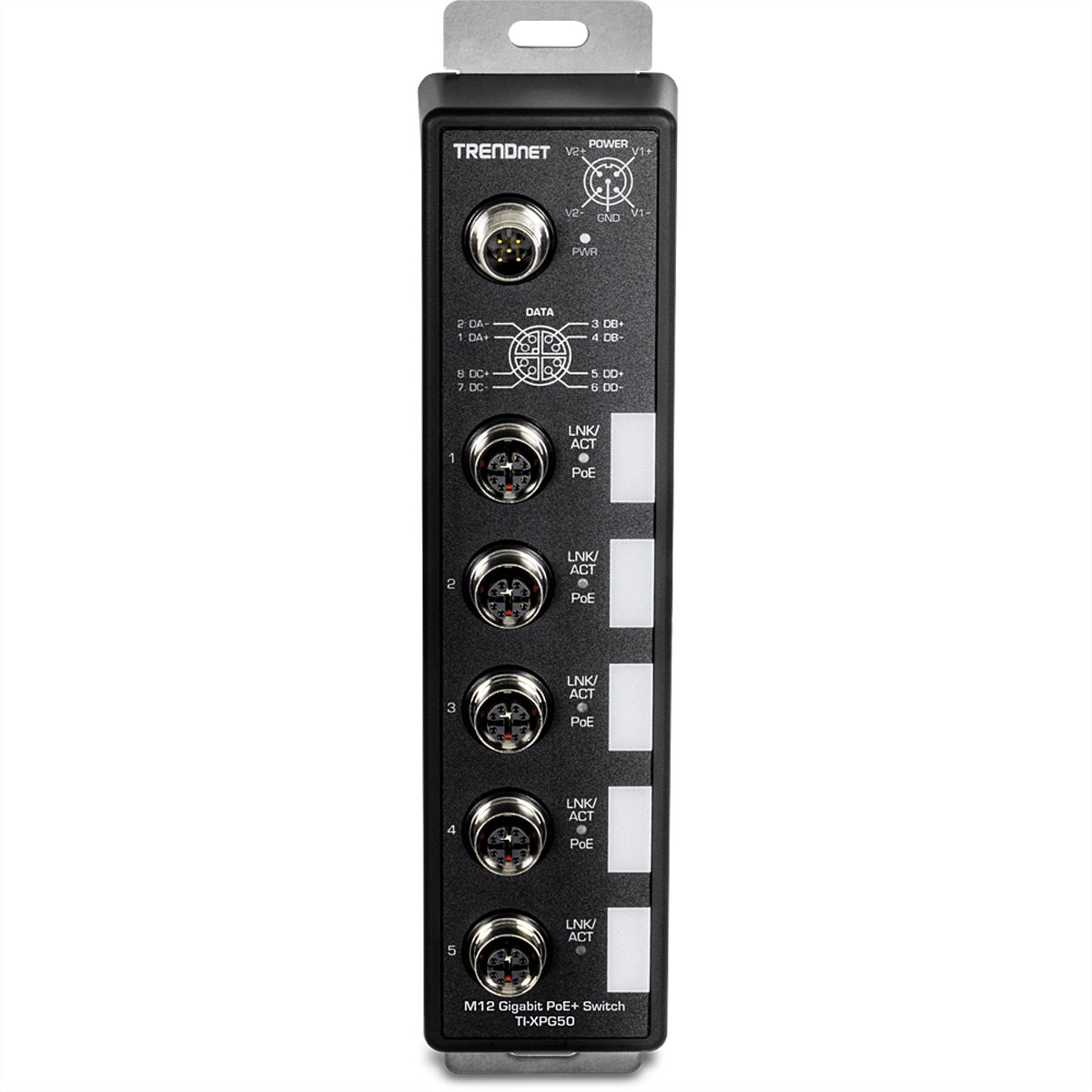 TRENDnet TI-XPG50 – Unmanaged EN50155 Switch – 4× M12 1G PoE+, 1× M12 1G, PoE-Budget 120 W, IP67