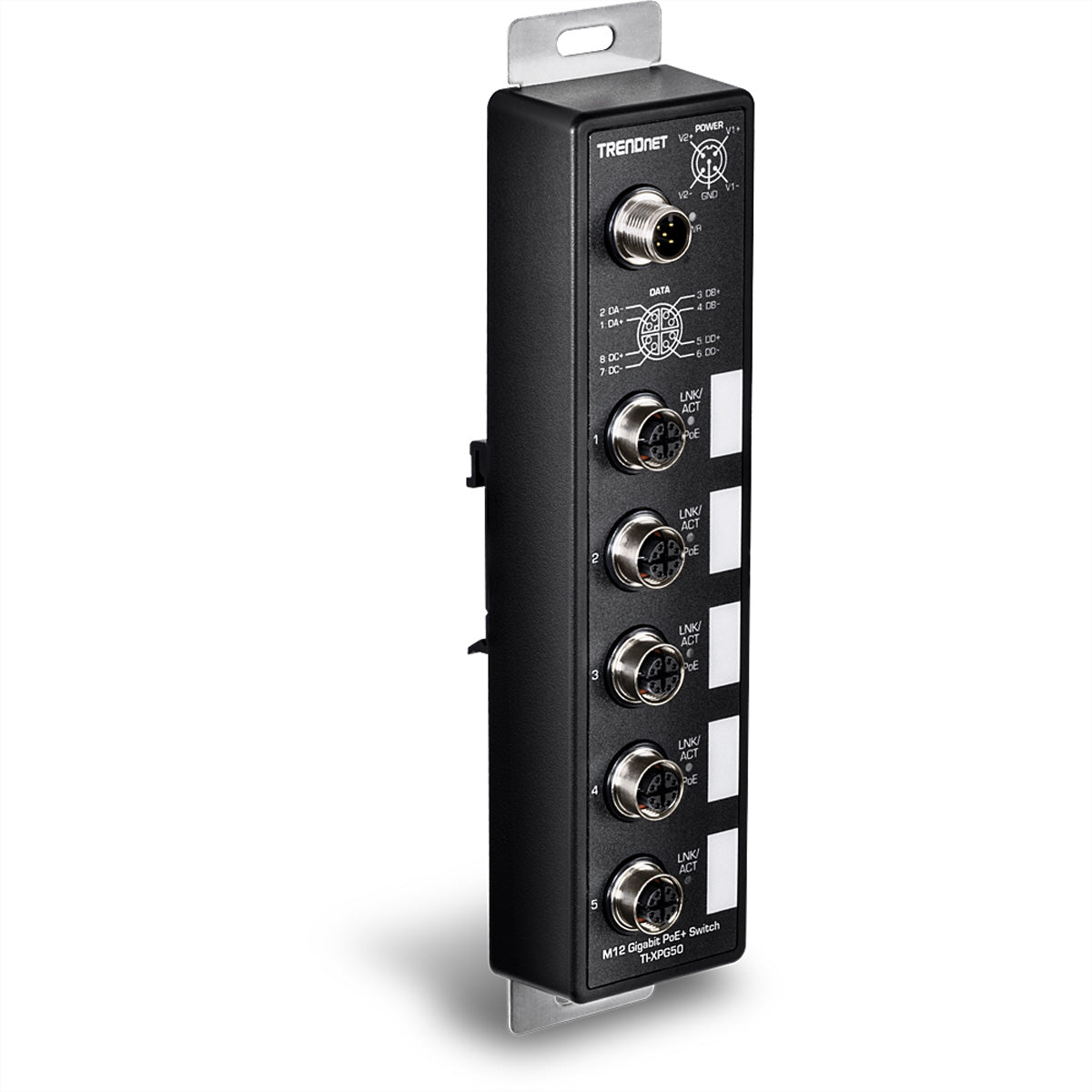 TRENDnet TI-XPG50 – Unmanaged EN50155 Switch – 4× M12 1G PoE+, 1× M12 1G, PoE-Budget 120 W, IP67