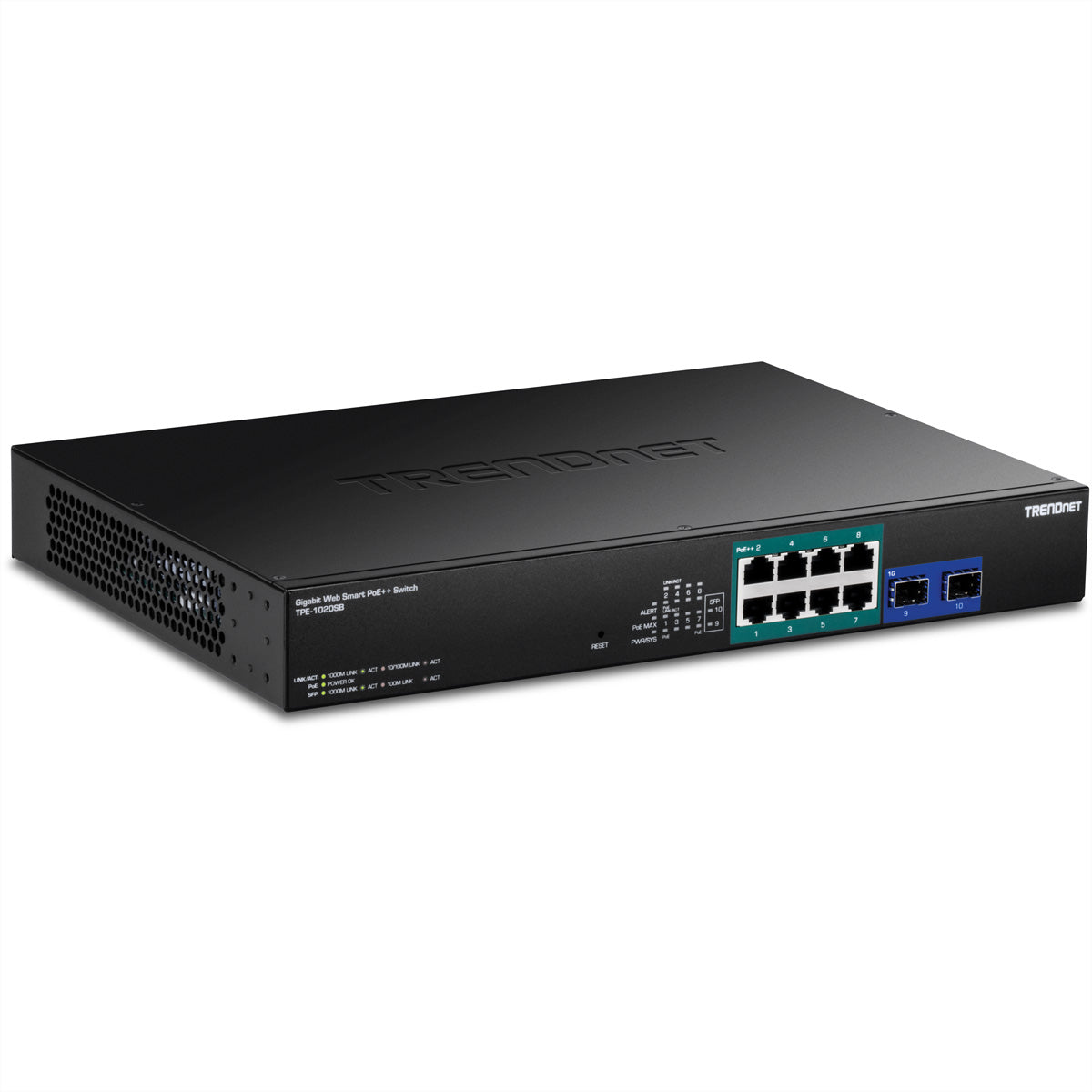 TRENDnet TPE-1020SB – Smart L2+ Switch – 8× 1G, 2× SFP, PoE++, PoE-Budget 180 W, 19", 1U