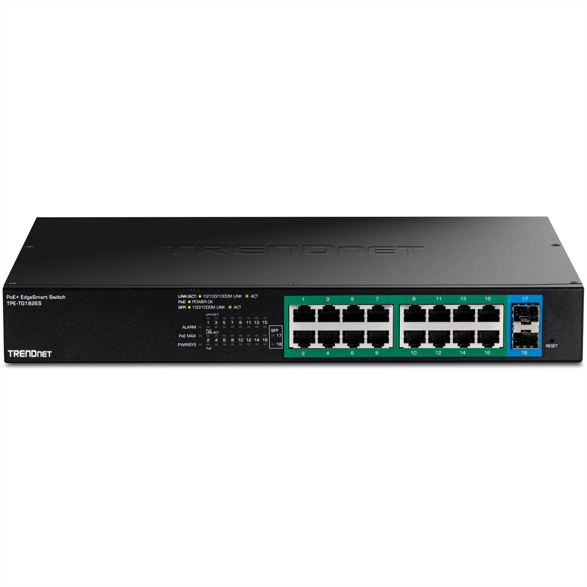 TRENDnet TPE-TG182ES – Smart Switch – 16× 1G, 2× SFP, PoE+, PoE-Budget 240 W, 19", 1U
