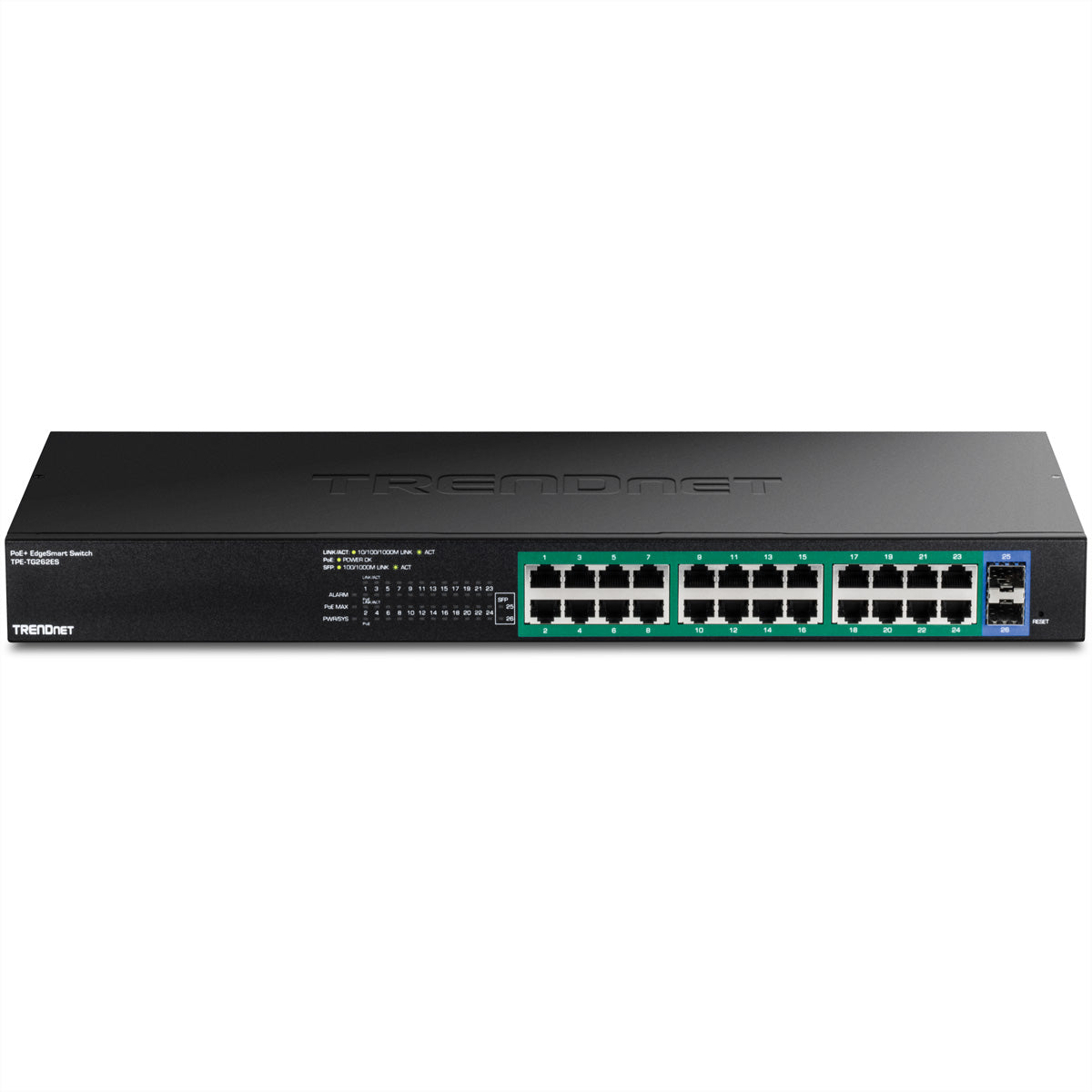 TRENDnet TPE-TG262ES – Smart Switch – 24× 1G, 2× SFP, PoE+, PoE-Budget 380 W, 19", 1U