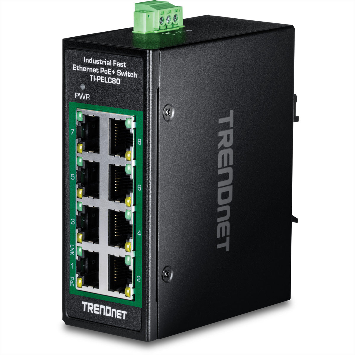 TRENDnet TI-PELC80 – Unmanaged Switch – 8× 10/100 RJ-45, PoE+ (8×), PoE-Budget 200 W, DIN-Schiene, IP30