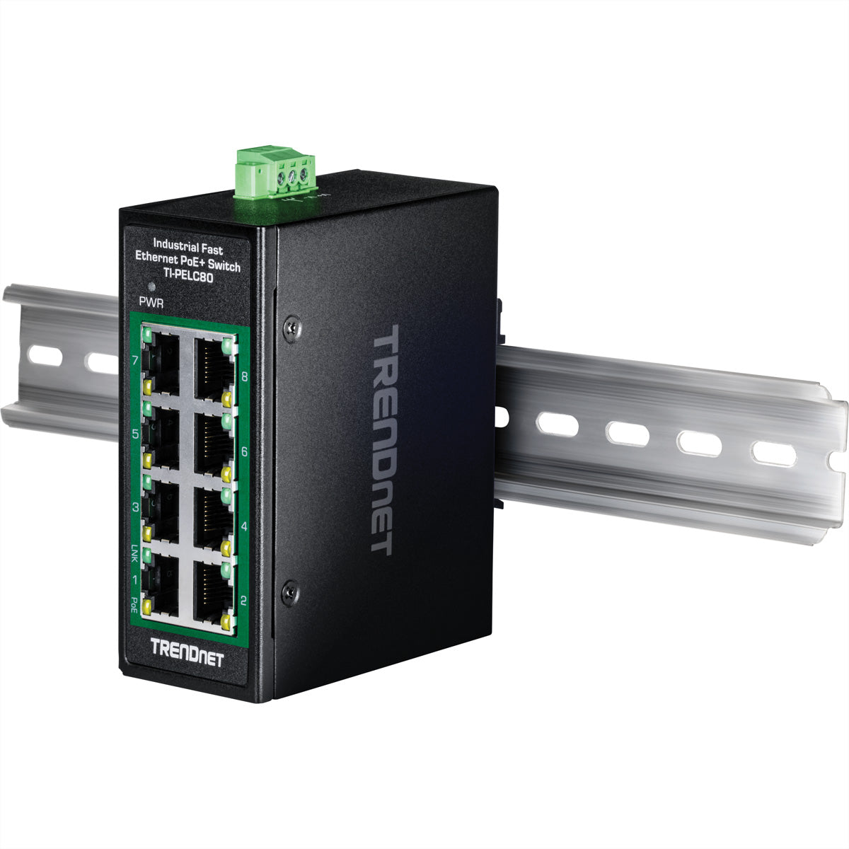 TRENDnet TI-PELC80 – Unmanaged Switch – 8× 10/100 RJ-45, PoE+ (8×), PoE-Budget 200 W, DIN-Schiene, IP30