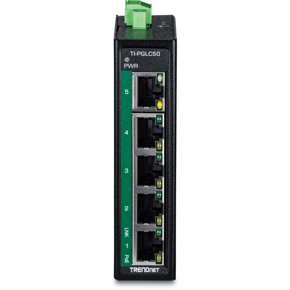 TRENDnet TI-PGLC50 – Unmanaged Switch – 4×PoE+ GbE, 1×GbE, PoE+ 90 W, DIN-Rail, IP30