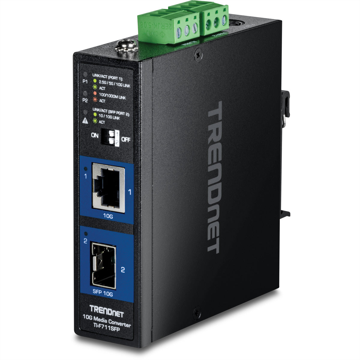 TRENDnet TI-F711SFP – Industrieller 10G SFP+ Medienkonverter – 1× 10G RJ-45, 1× SFP+, IP50, Hutschiene
