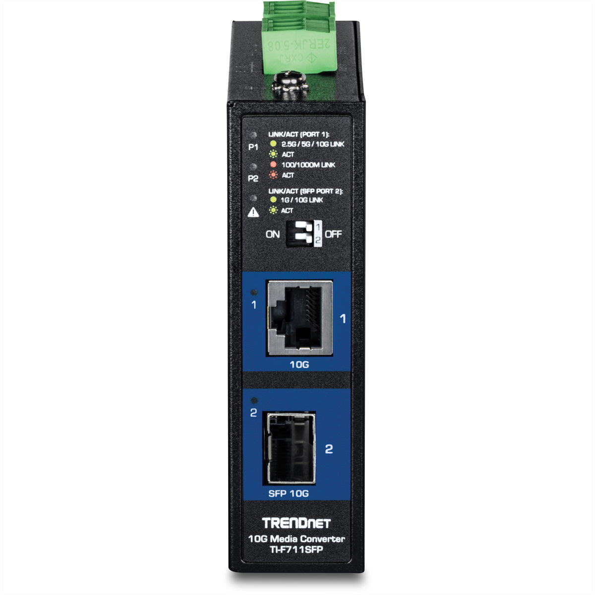 TRENDnet TI-F711SFP – Industrieller 10G SFP+ Medienkonverter – 1× 10G RJ-45, 1× SFP+, IP50, Hutschiene