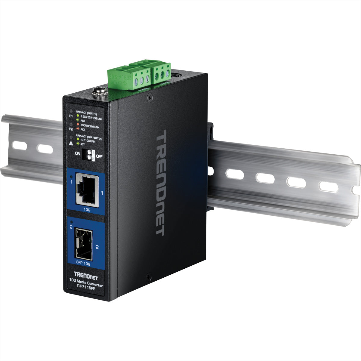 TRENDnet TI-F711SFP – Industrieller 10G SFP+ Medienkonverter – 1× 10G RJ-45, 1× SFP+, IP50, Hutschiene