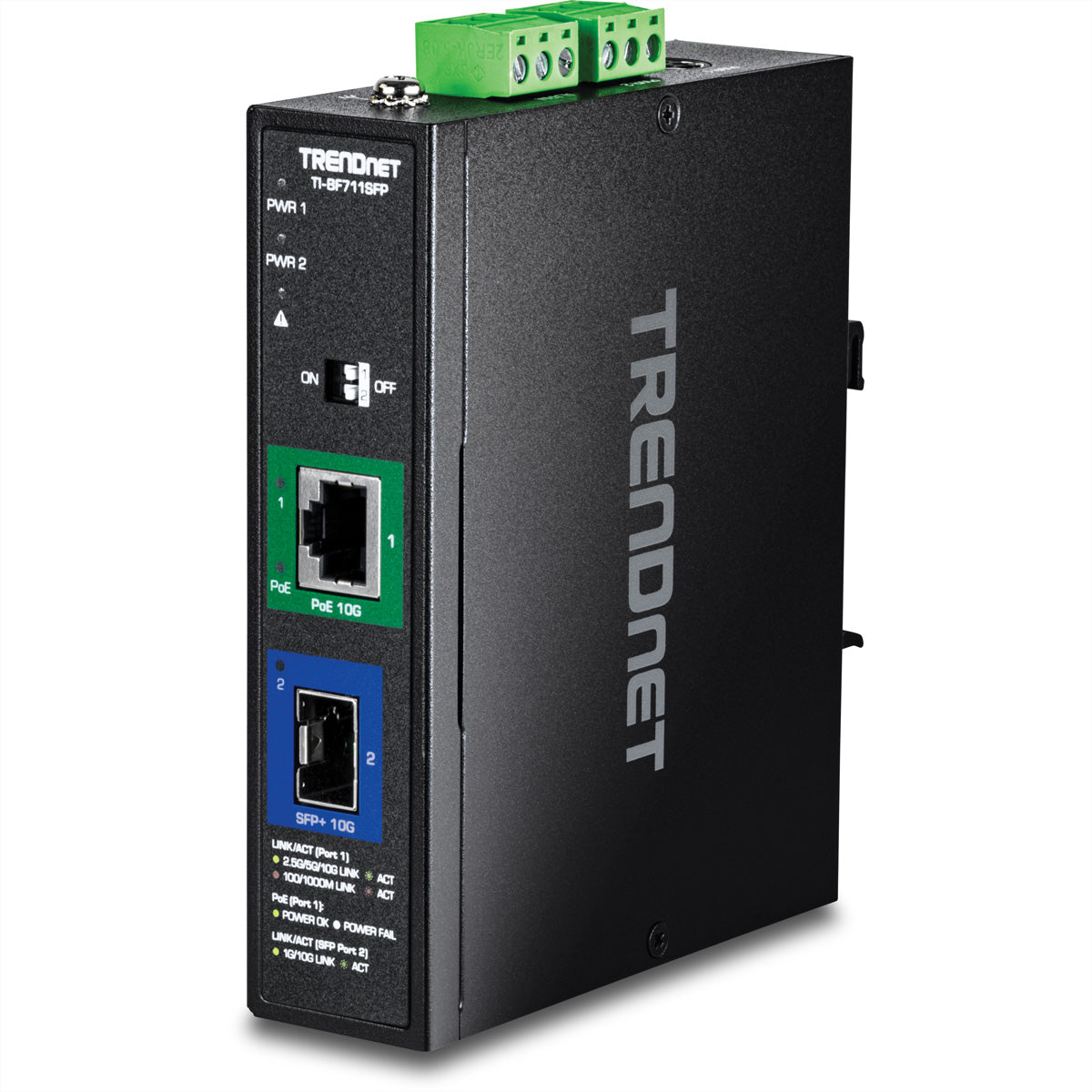 TRENDnet TI-BF711SFP – Industrieller Medienkonverter – 1× 10G RJ-45, 1× 10G SFP+, PoE++ 95 W, Hutschiene, IP50