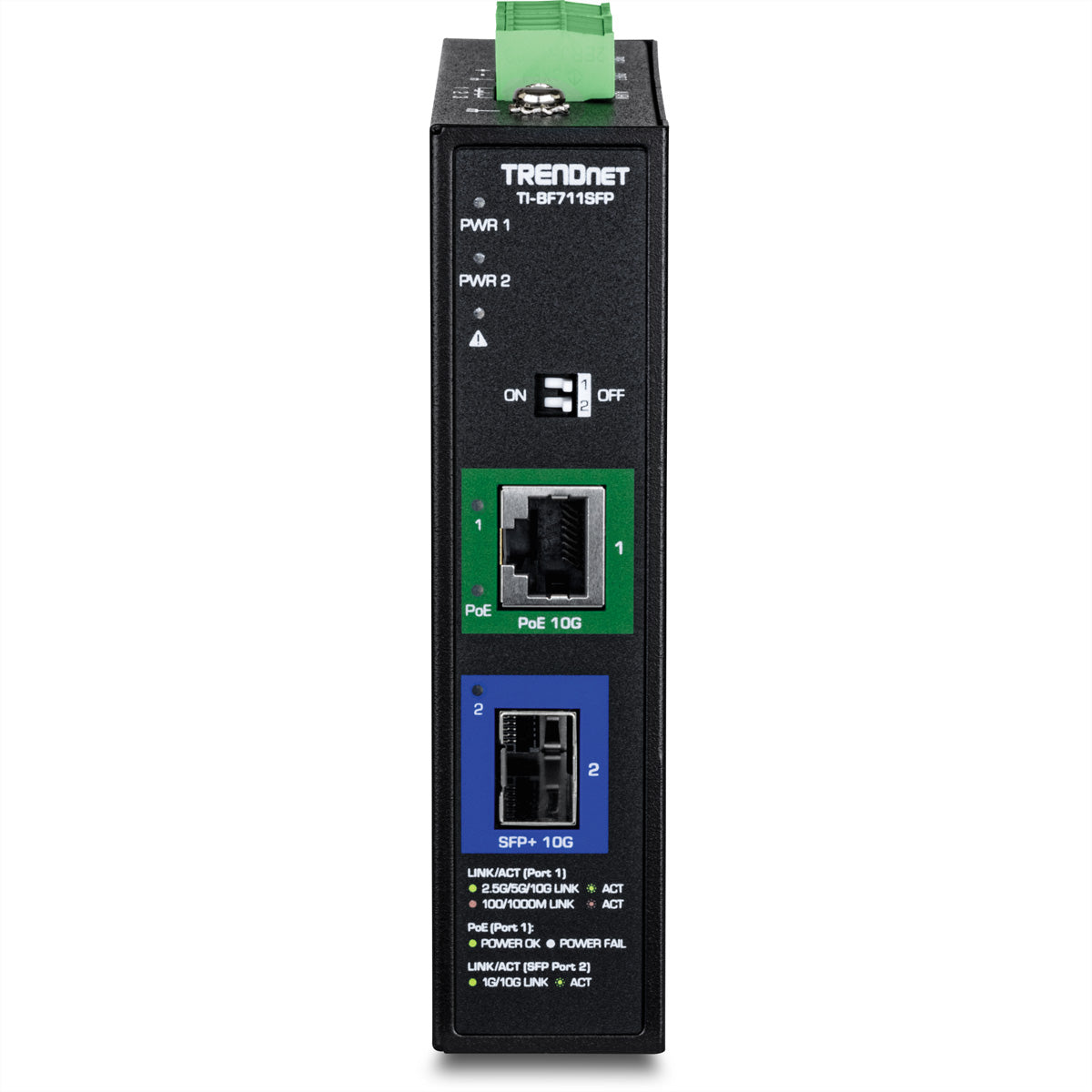 TRENDnet TI-BF711SFP – Industrieller Medienkonverter – 1× 10G RJ-45, 1× 10G SFP+, PoE++ 95 W, Hutschiene, IP50