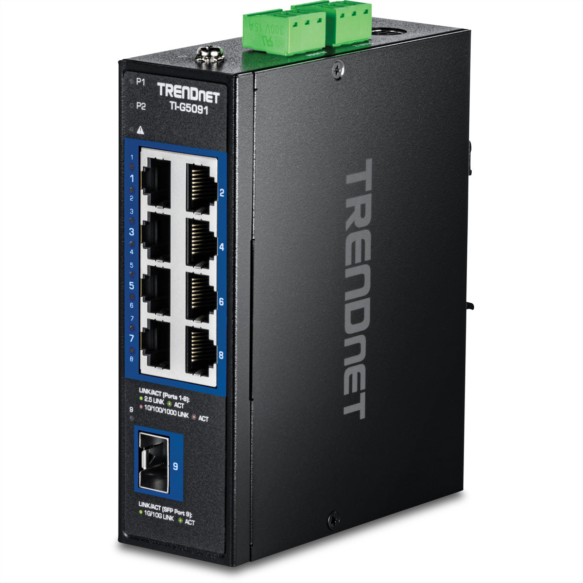 TRENDnet TI-G5091 – Unmanaged Industrial Switch – 8× 2,5G, 1× SFP+ (10G), Hutschiene, IP50