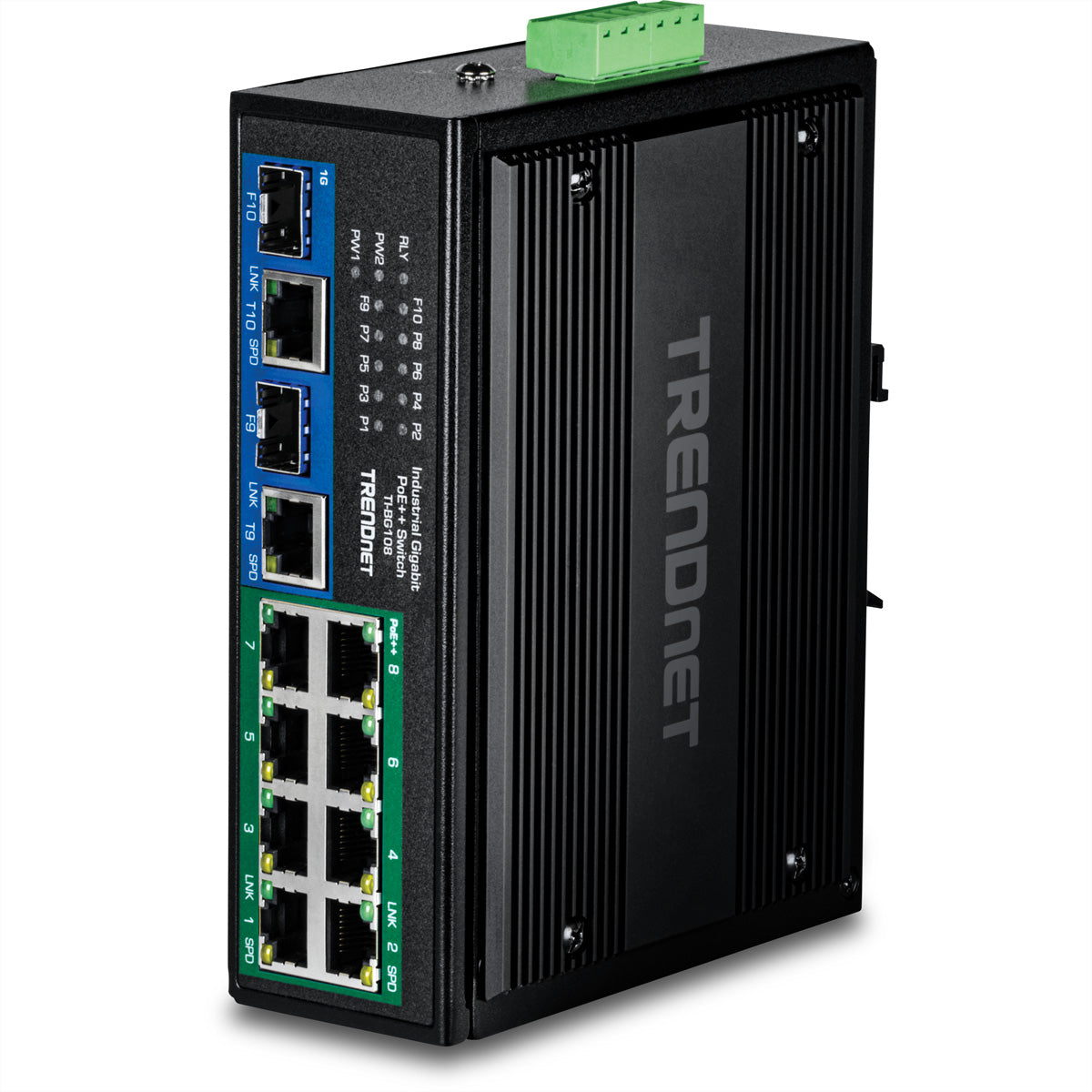 TRENDnet TI-BG108 – Switch – 8× 1G + 2× 1G (RJ‑45/SFP), PoE++, PoE-Budget 400 W, DIN-Schiene