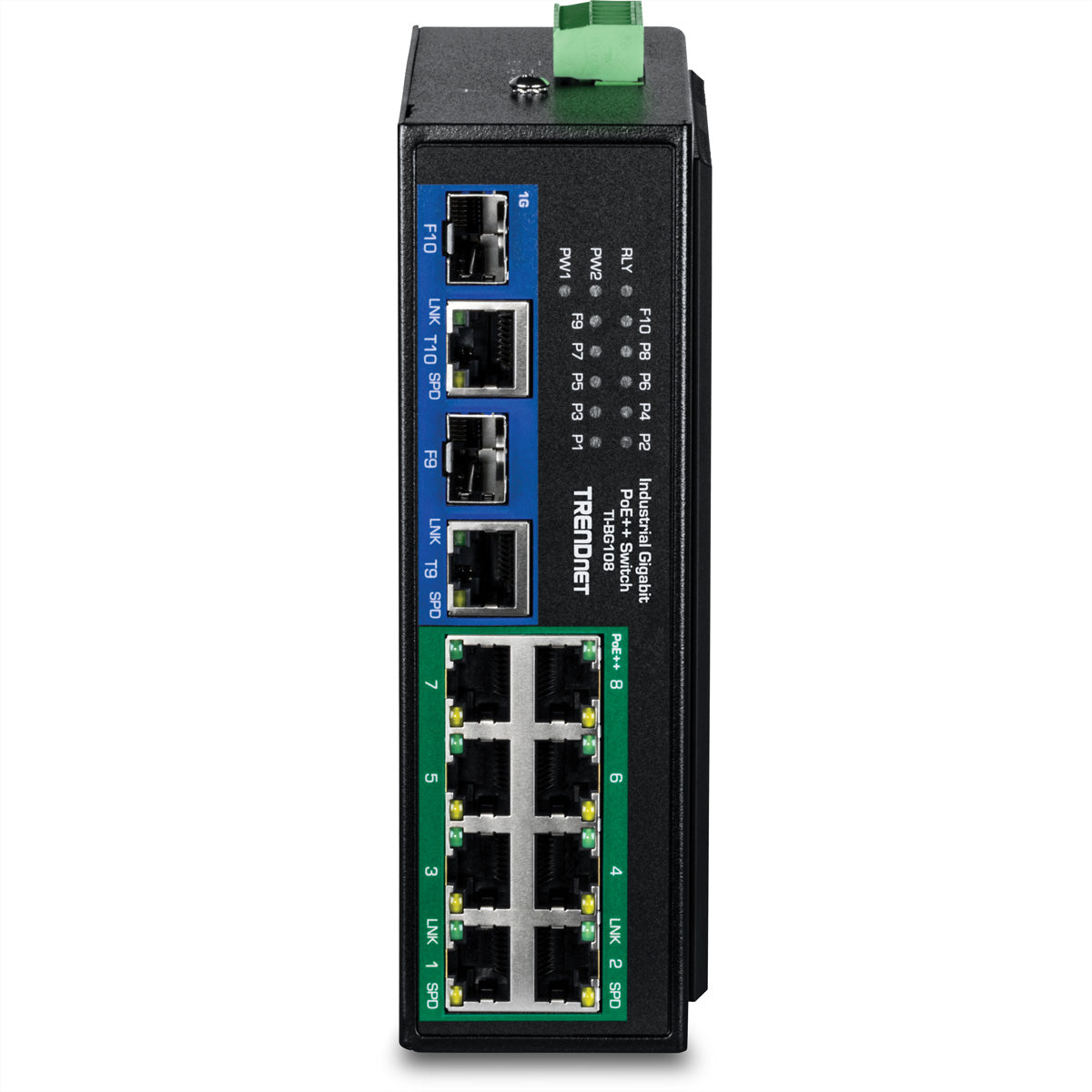 TRENDnet TI-BG108 – Switch – 8× 1G + 2× 1G (RJ‑45/SFP), PoE++, PoE-Budget 400 W, DIN-Schiene