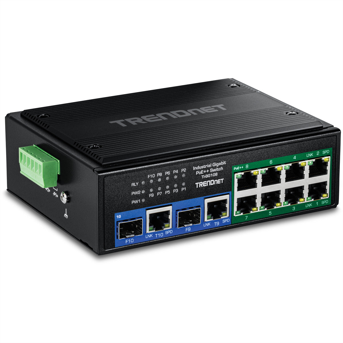 TRENDnet TI-BG108 – Switch – 8× 1G + 2× 1G (RJ‑45/SFP), PoE++, PoE-Budget 400 W, DIN-Schiene
