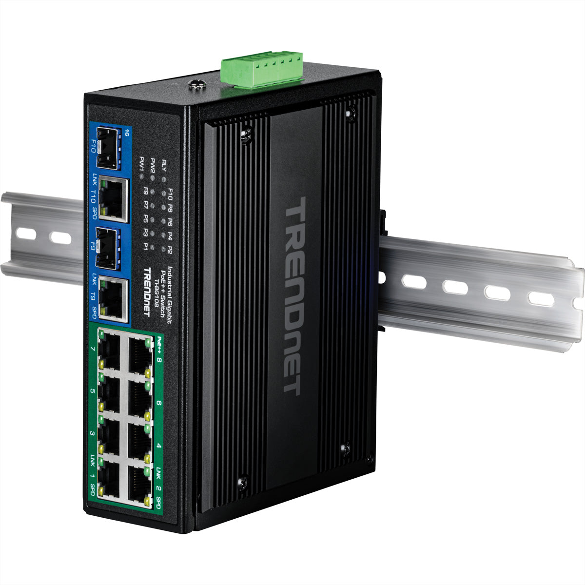 TRENDnet TI-BG108 – Switch – 8× 1G + 2× 1G (RJ‑45/SFP), PoE++, PoE-Budget 400 W, DIN-Schiene