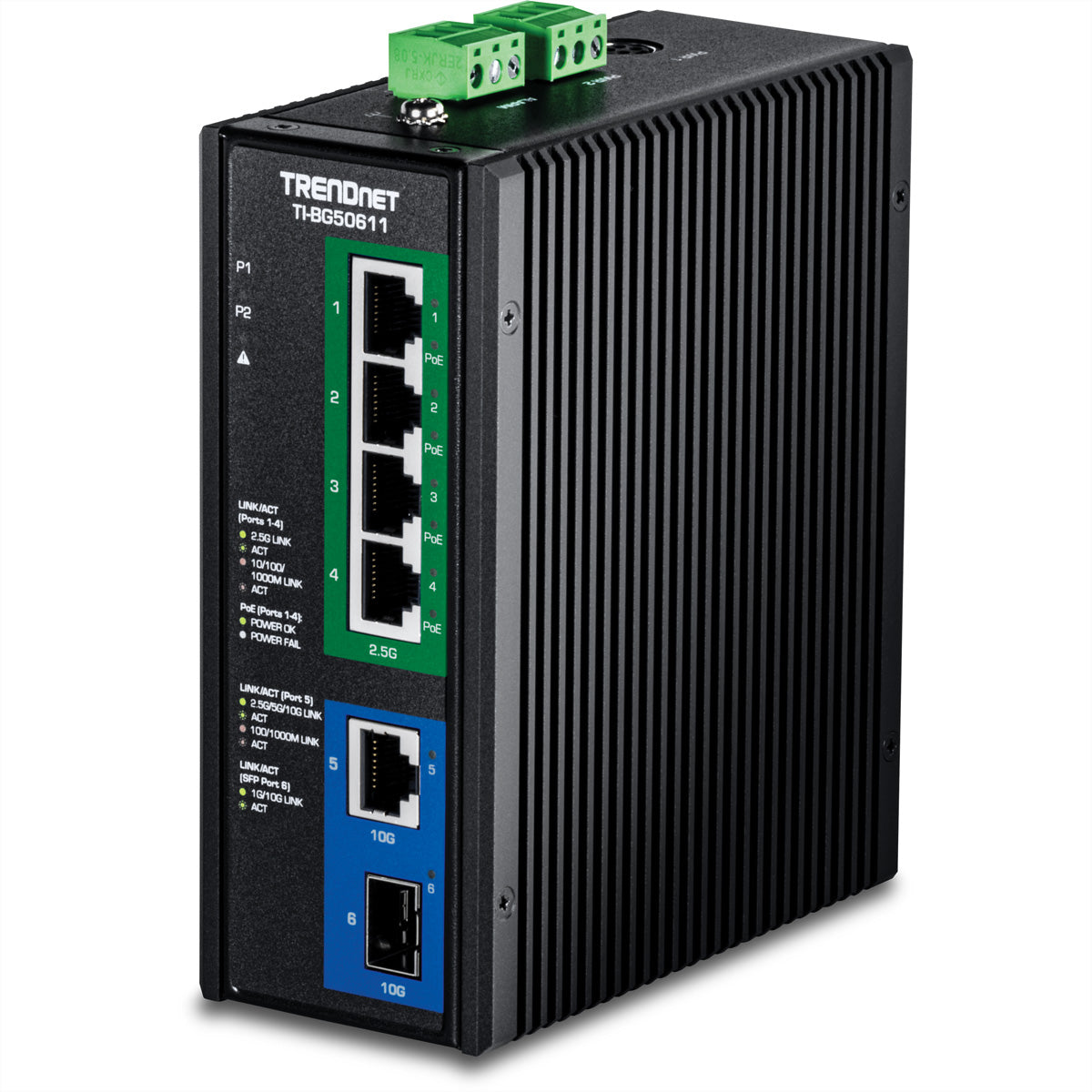 TRENDnet TI-BG50611 – Unmanaged Switch – 4× 2,5G, 1× 10G, 1× SFP+, PoE++, PoE-Budget 240 W, DIN-Rail