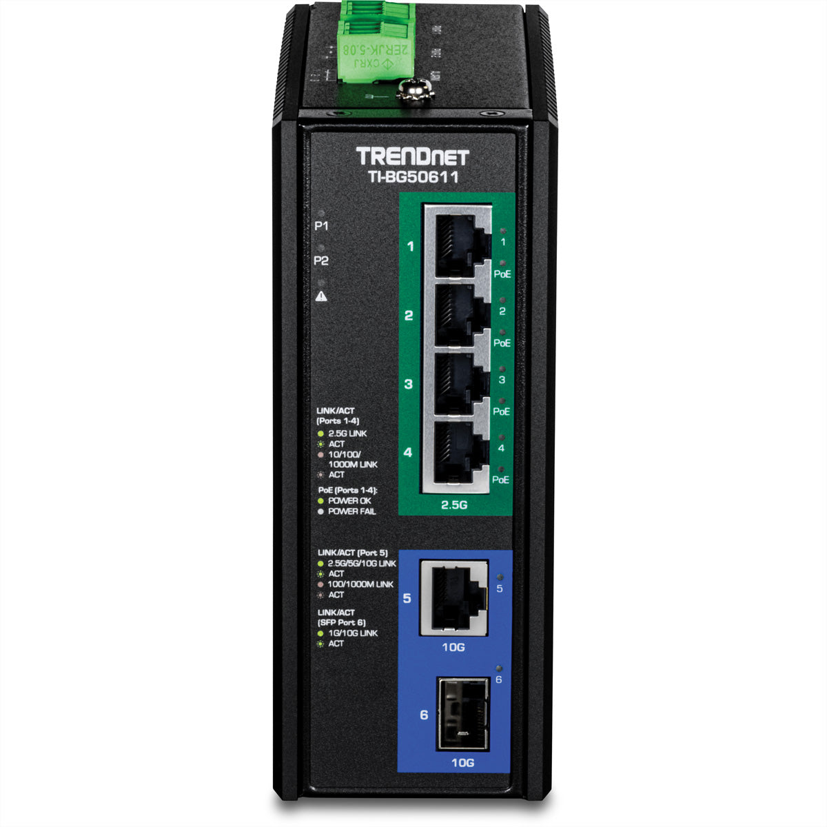 TRENDnet TI-BG50611 – Unmanaged Switch – 4× 2,5G, 1× 10G, 1× SFP+, PoE++, PoE-Budget 240 W, DIN-Rail