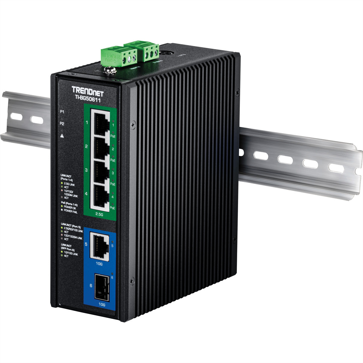 TRENDnet TI-BG50611 – Unmanaged Switch – 4× 2,5G, 1× 10G, 1× SFP+, PoE++, PoE-Budget 240 W, DIN-Rail