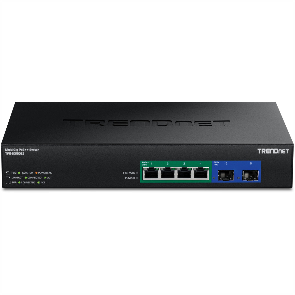 TRENDnet TPE-BG5062 – Unmanaged Switch – 4× 2.5G, 2× SFP+, PoE++, PoE-Budget 240 W, 19"