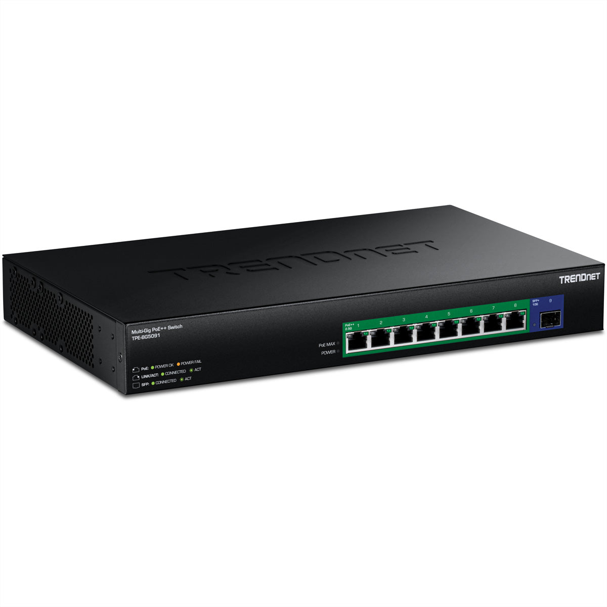 TRENDnet TPE-BG5091 – Switch – 8× 2,5G, 1× 10G SFP+, PoE++, PoE-Budget 480 W, 19" Rack