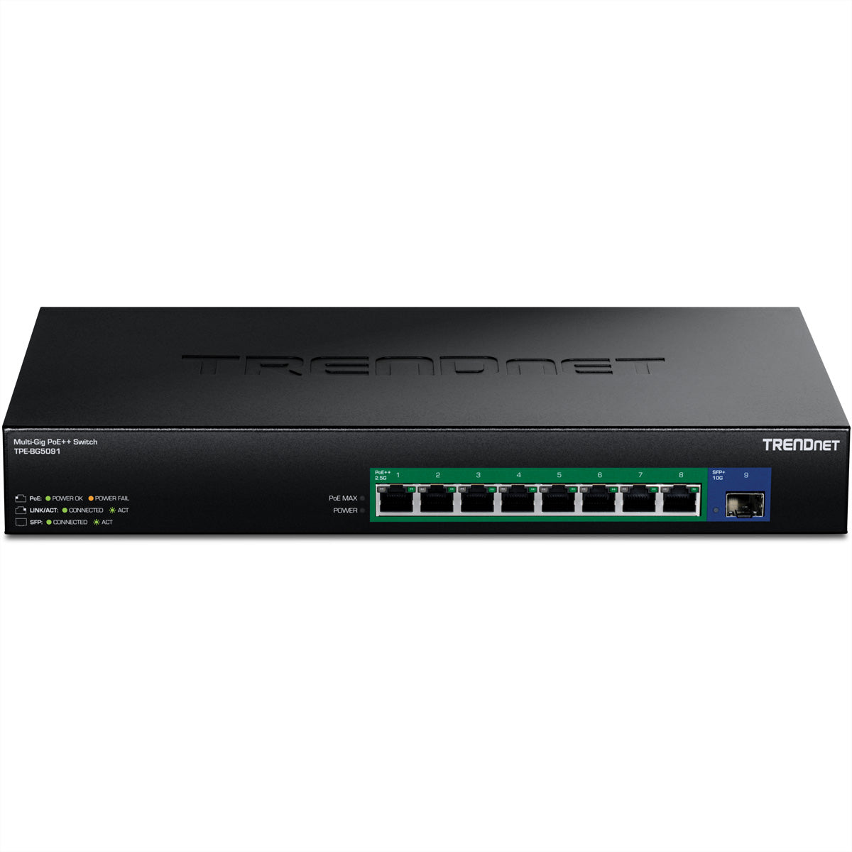 TRENDnet TPE-BG5091 – Switch – 8× 2,5G, 1× 10G SFP+, PoE++, PoE-Budget 480 W, 19" Rack