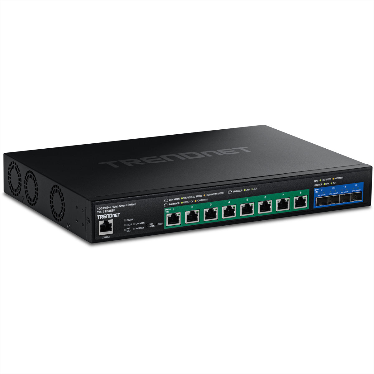 Trendnet TPE-7124SBF – Verwalteter L2/L3 Switch – 8× 10G, 4× SFP+, PoE++, PoE-Budget 720 W, 19", 1U
