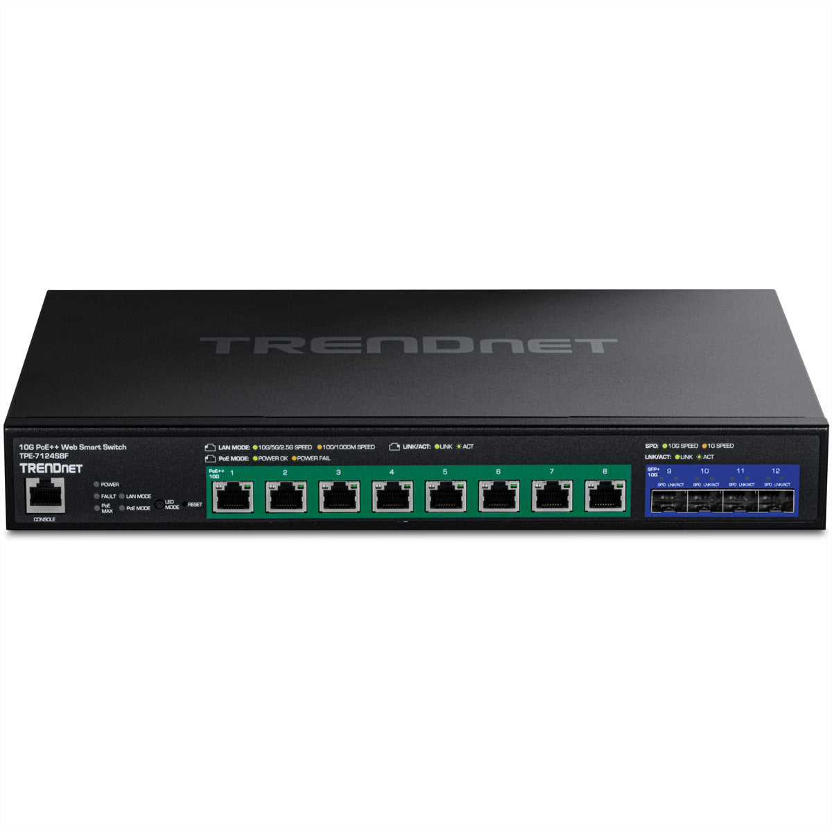 Trendnet TPE-7124SBF – Verwalteter L2/L3 Switch – 8× 10G, 4× SFP+, PoE++, PoE-Budget 720 W, 19", 1U