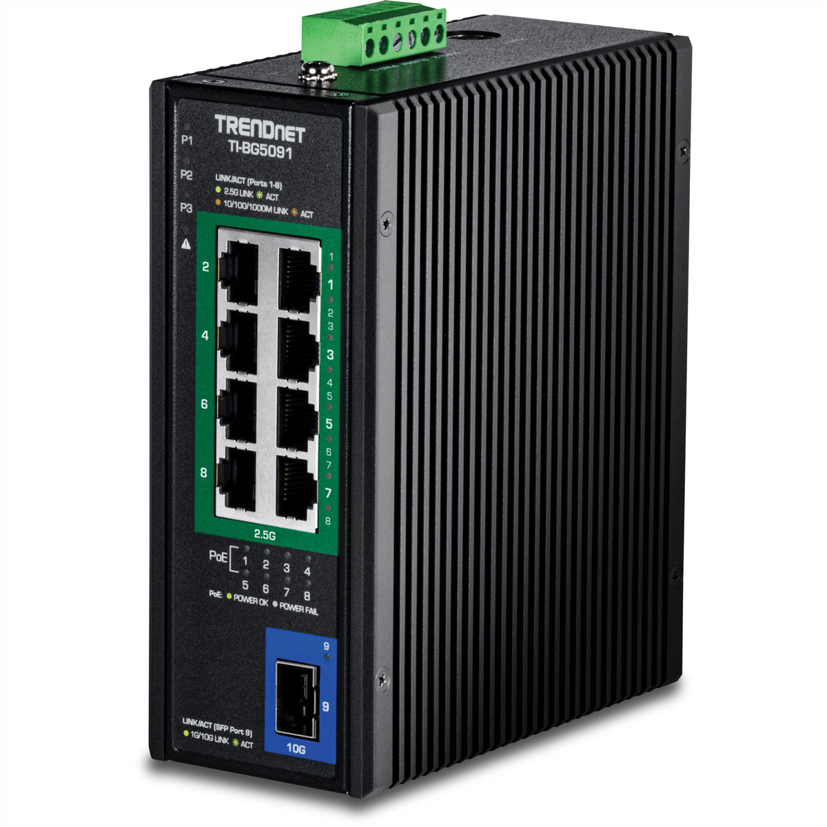 TRENDnet TI-BG5091B – Unmanaged Switch – 8× 2.5G PoE++, 1× SFP+, PoE-Budget 480 W, DIN-Rail