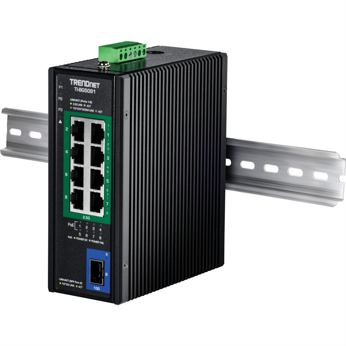 TRENDnet TI-BG5091B – Unmanaged Switch – 8× 2.5G PoE++, 1× SFP+, PoE-Budget 480 W, DIN-Rail