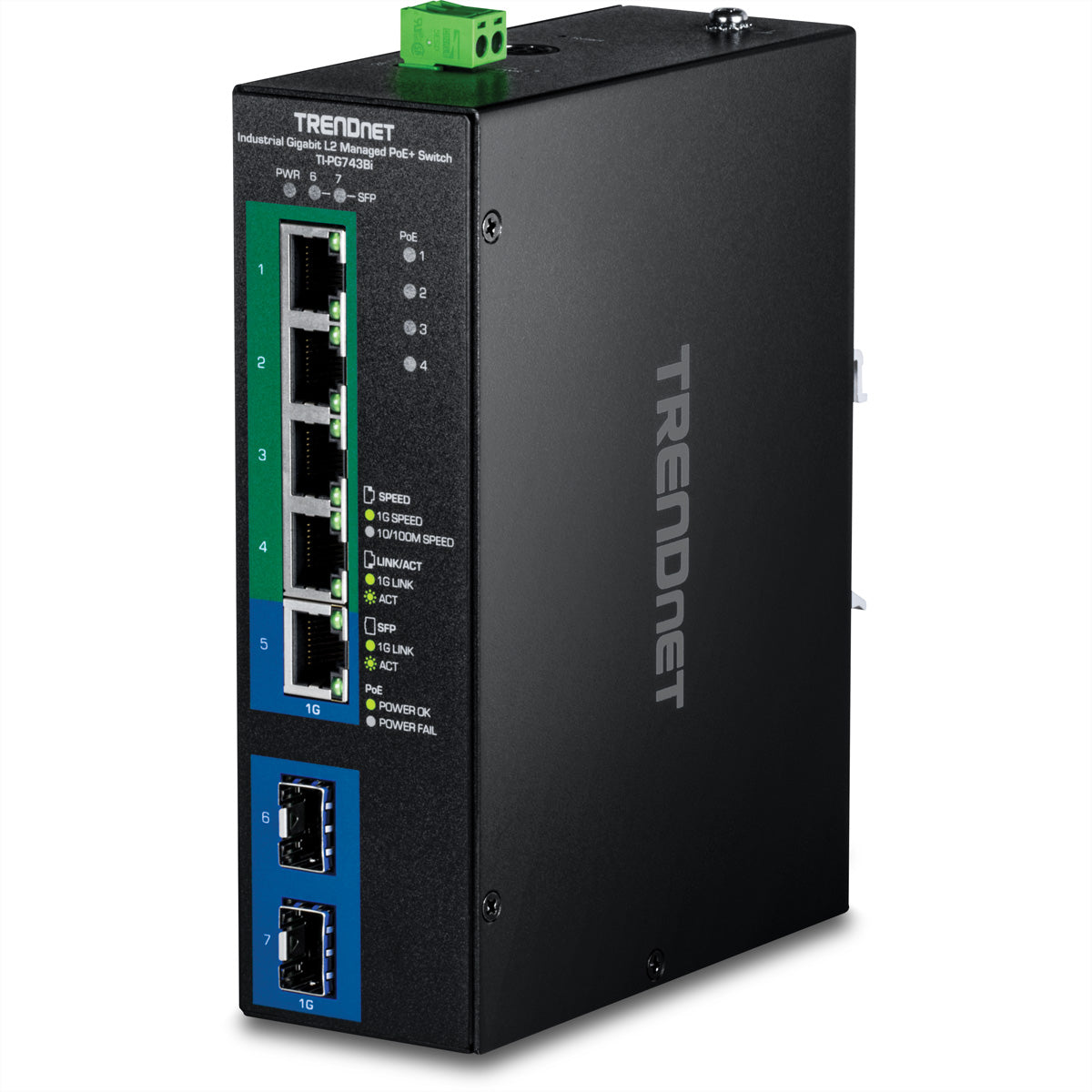 TRENDnet TI-PG743Bi – Managed L2 Switch – 5× 1G, 2× SFP, PoE+ 4×, PoE-Budget 120 W, DIN-Schiene