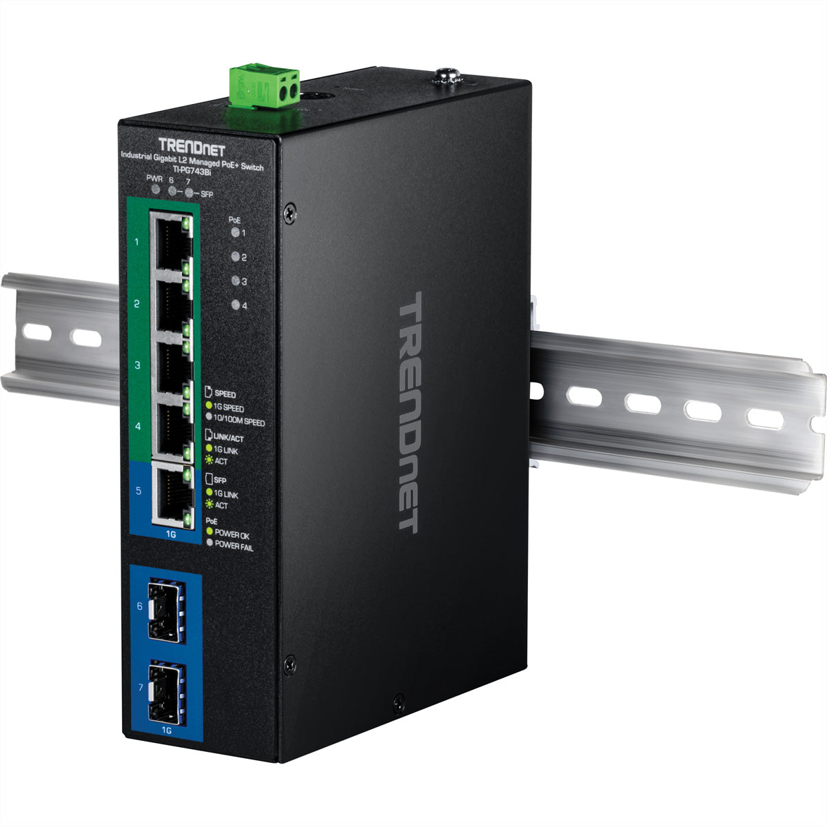 TRENDnet TI-PG743Bi – Managed L2 Switch – 5× 1G, 2× SFP, PoE+ 4×, PoE-Budget 120 W, DIN-Schiene