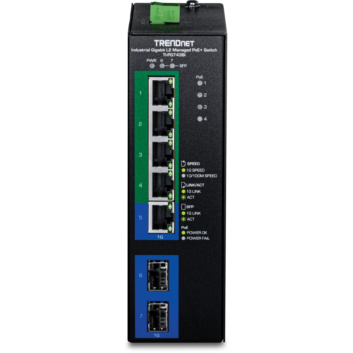 TRENDnet TI-PG743Bi – Managed L2 Switch – 5× 1G, 2× SFP, PoE+ 4×, PoE-Budget 120 W, DIN-Schiene