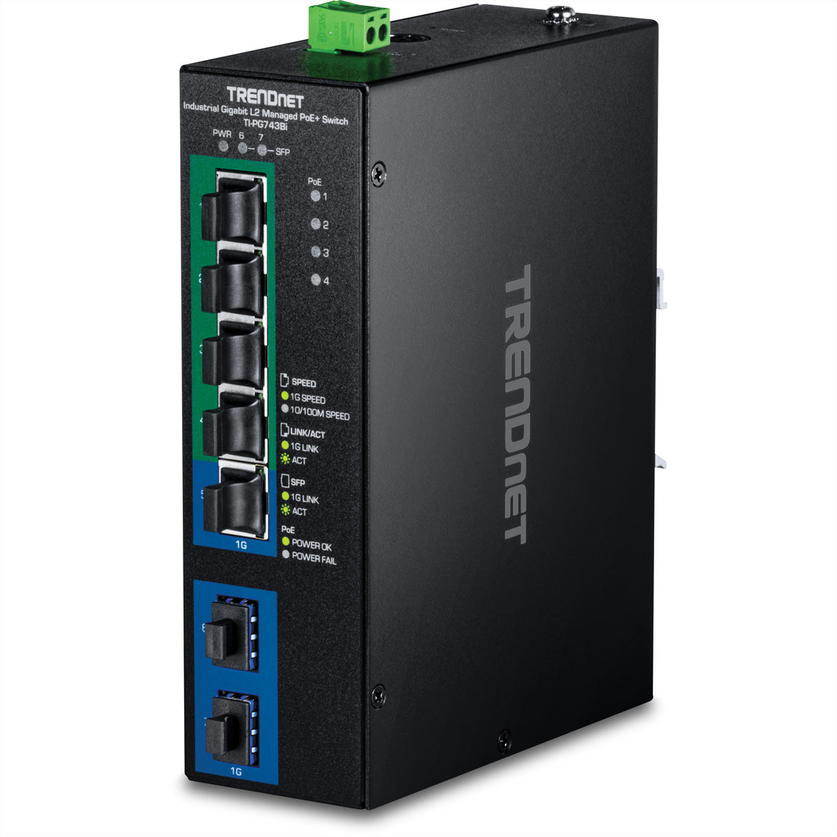 TRENDnet TI-PG743Bi – Managed L2 Switch – 5× 1G, 2× SFP, PoE+ 4×, PoE-Budget 120 W, DIN-Schiene