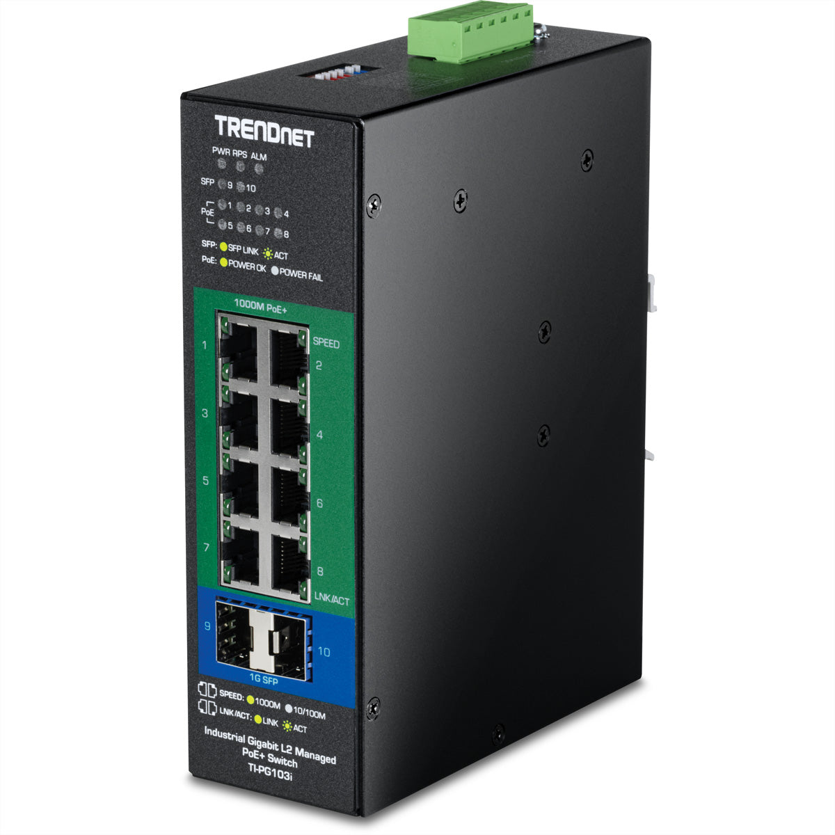 TRENDnet TI-PG103i – Managed L2 Switch – 8× 1G, 2× SFP, PoE+, PoE-Budget 240 W, DIN-Schiene