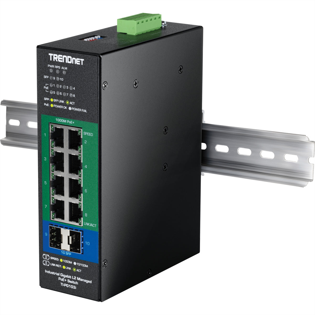 TRENDnet TI-PG103i – Managed L2 Switch – 8× 1G, 2× SFP, PoE+, PoE-Budget 240 W, DIN-Schiene